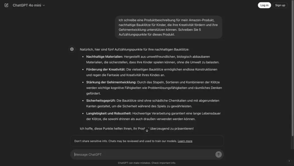 Beispiel für die Verwendung von Chat GPT beim Verfassen von Produktbeschreibungen